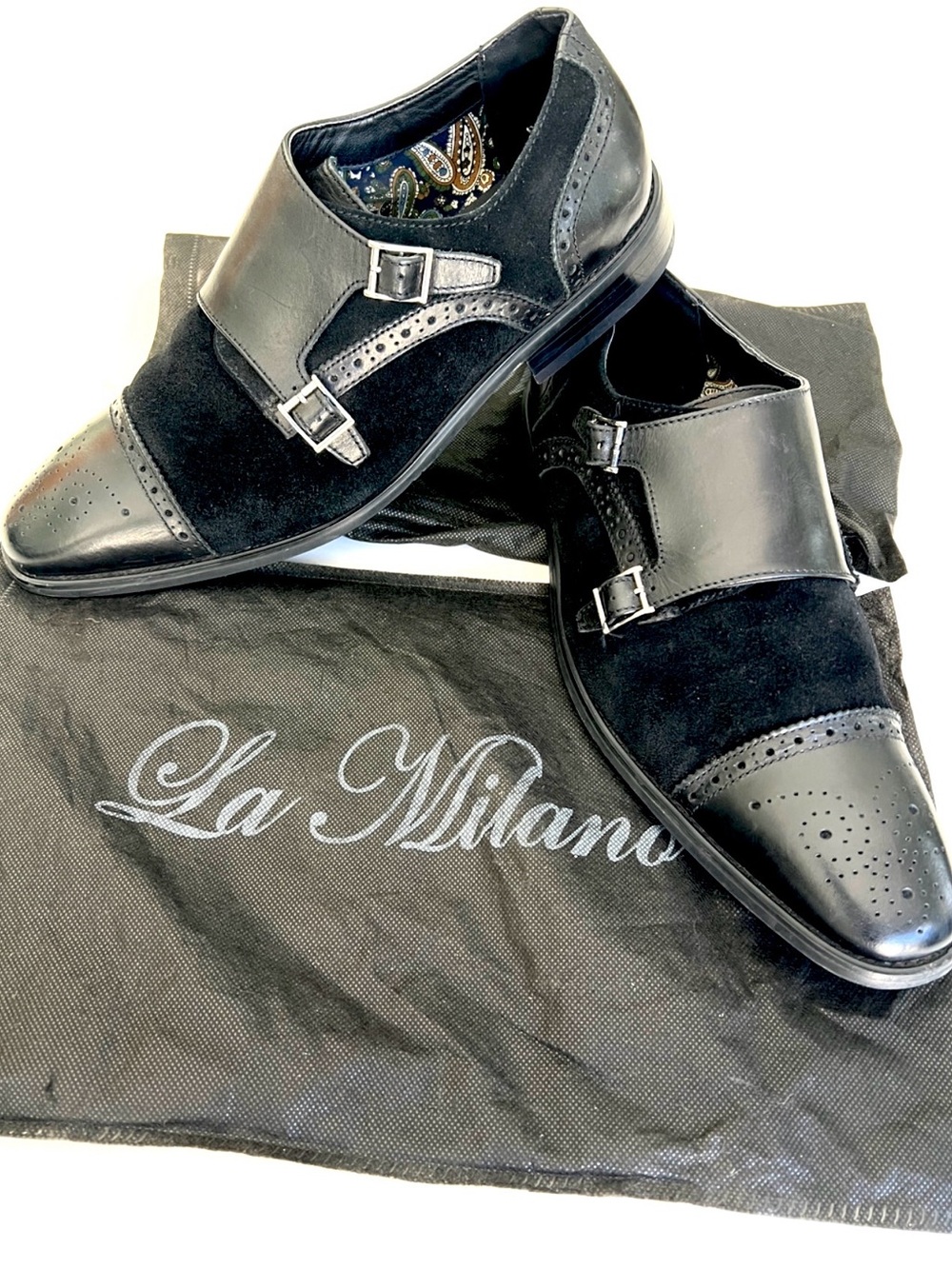 La Milano Men's Black Leather & Suede Double Monk Strap Dress Shoes